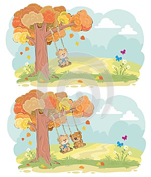 Teddy bear on swing autumn vector concept