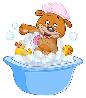 Teddy bear taking a bath