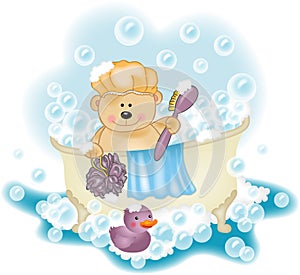 Teddy bear taking a bath
