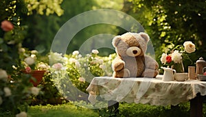 a teddy bear toy, contentedly perched on a park table