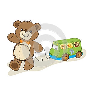 Teddy bear toy pulling a bus