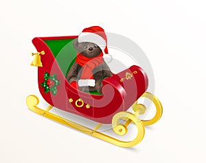 Teddy bear toy sitting in Santa Claus sleigh. Cute teddy bear, wearing a red fluffy hat and a long scarf Realistic icon or object