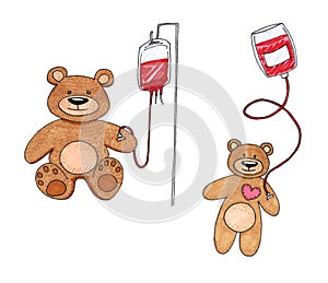 Teddy Bear transfused blood with a dropper isolated on white, Teddy Bear toy is sick, child blood transfusion concept