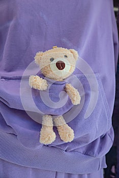 Teddy Bear tucked into a pocket of a purple sweatshirt. Concept of protection, tenderness, age of innocence, naivity, childhood