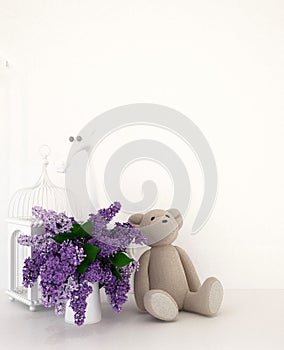 Teddy bear with vase of purple and bird cage in kid room for artwork - 3D rendering