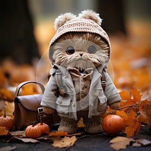 a teddy bear wearing a coat and hat sits on the ground next to pumpkins
