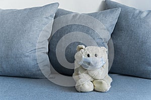 Teddy bear wearing mask on sofa