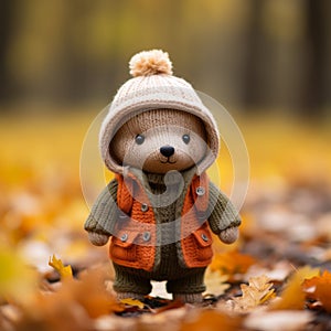 a teddy bear wearing an orange vest and hat stands in the middle of a pile of fallen leaves