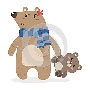 Teddy Bear Wearing Scarf Holding Cuddle Doll