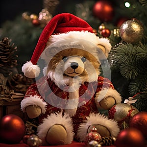 teddy bear wearning santa hat with christmas gifts and tree