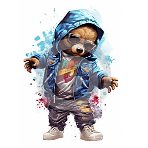 Teddy bear wears jacket a cool hip hop on a clean background, Png for Sublimation Printing, T-shirt Design Clipart, DTF DTG