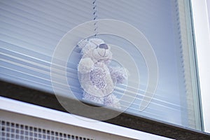 Teddy bear in window for children to bear hunt during the coronavirus covid19 pandemic