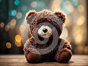 Teddy bear on wooden table with abstract bokeh light background