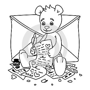 Teddy bear writes a love letter. Valentines day greeting card with hearts and envelope.