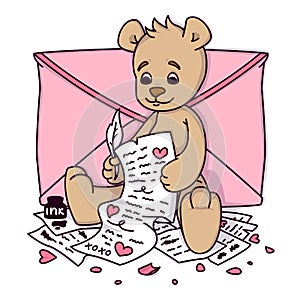 Teddy bear writes a love letter. Valentines day greeting card with hearts and envelope. Print for kids invitations, greetings