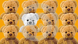 Teddy bears on a color background. Crowd of plush toys. Favorite children`s soft toy.