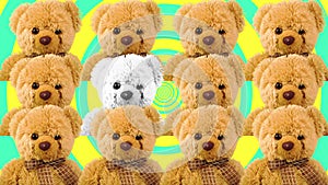 Teddy bears on a color background. Crowd of plush toys. Favorite children`s soft toy.