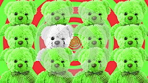 Teddy bears on a color background. Crowd of plush toys. Favorite children`s soft toy.