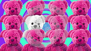 Teddy bears on a color background. Crowd of plush toys. Favorite children`s soft toy.