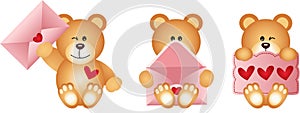 Teddy bears with envelope and heart postcard