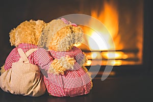 Teddy bears in  fireplace