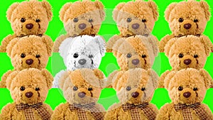 Teddy bears on a green background. Crowd of plush toys. Favorite children`s soft toy.