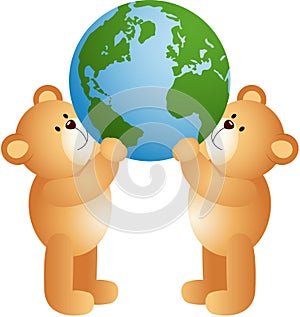 Teddy bears holding world globe