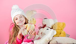 Teddy bears improve psychological wellbeing. Softness is key. Child small girl playful hold teddy bear plush toy. Bears