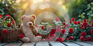 Teddy bears, red roses, basket ,warm sunlight background, rose basket,bathed in warm sunlight,Generated AI