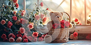 Teddy bears, red roses, basket ,warm sunlight background, rose basket,bathed in warm sunlight,Generated AI