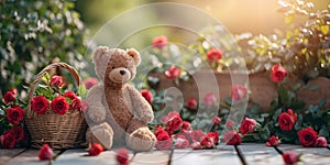 Teddy bears, red roses, basket ,warm sunlight background, rose basket,bathed in warm sunlight,Generated AI