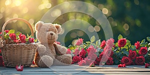 Teddy bears, red roses, basket ,warm sunlight background, rose basket,bathed in warm sunlight,Generated AI