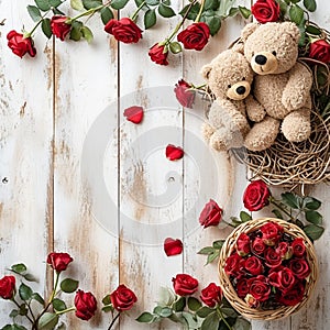 Teddy Bears with Red Roses on Wooden Background,space for text, valentine background, Generated AI