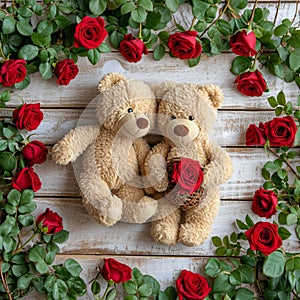 Teddy Bears with Red Roses on Wooden Background,space for text, valentine background, Generated AI