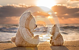 Teddy bears sitting on the beautiful beach with love. Concept ab