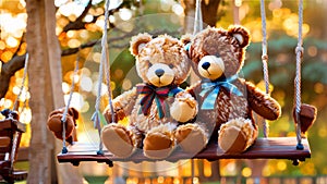 Teddy bears on a swing in twilight