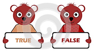 Teddy bears with true and false signs, cartoon, color, isolated.
