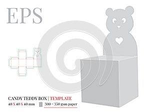 Gift Box Template, Vector with die cut / laser cut lines. Teddy Bear Candy Box. White, blank, clear, isolated Candy Box mock up