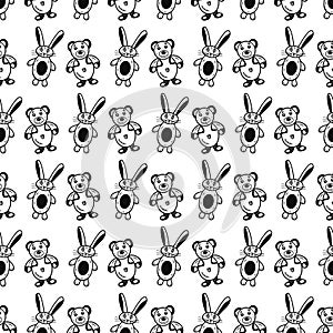 Teddy and bunny toys contour pattern. Idea for decors, summer holidays, childhood themes. Isolated vector art