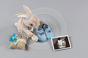 Teddy rabbit with baby shoes and sonography photograph
