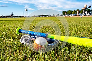 Tee ball, glove, and bat on green grass. Equipment commonly used in youth sports.