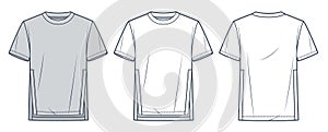 Tee Shirt fashion flat tehnical drawing template. Slit T-Shirt technical fashion illustration, front and back view, relaxed fit