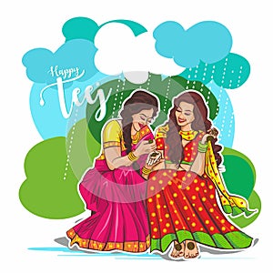 Teej celebration in india beautiful indian women&  illustration photo
