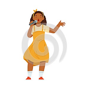 Teen African American Girl Standing and Singing with Microphone Performing on Stage Vector Illustration