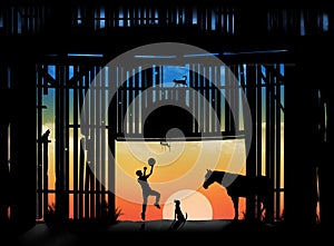 A teen aged boy practice his left handed layup on a hoop and torn net on the side of an old barn