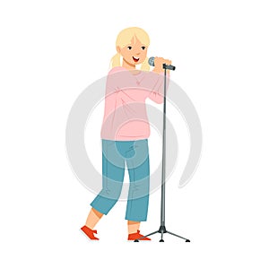 Teen Blond Girl Standing and Singing with Microphone Performing on Stage Vector Illustration