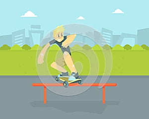 Teen Boy in Baseball Cap Riding Skateboard, Skateboarder Doing Jumping Trick Vector Illustration