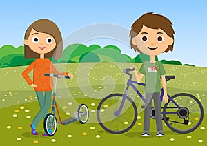 Teen boy with a bicycle. Girl with a scooter.