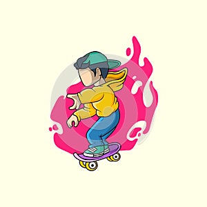 Teen boy in cap and riding on skateboard. character