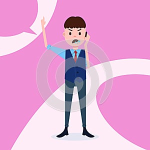 Teen boy character angry phone call male business suit template for design work and animation on pink background full